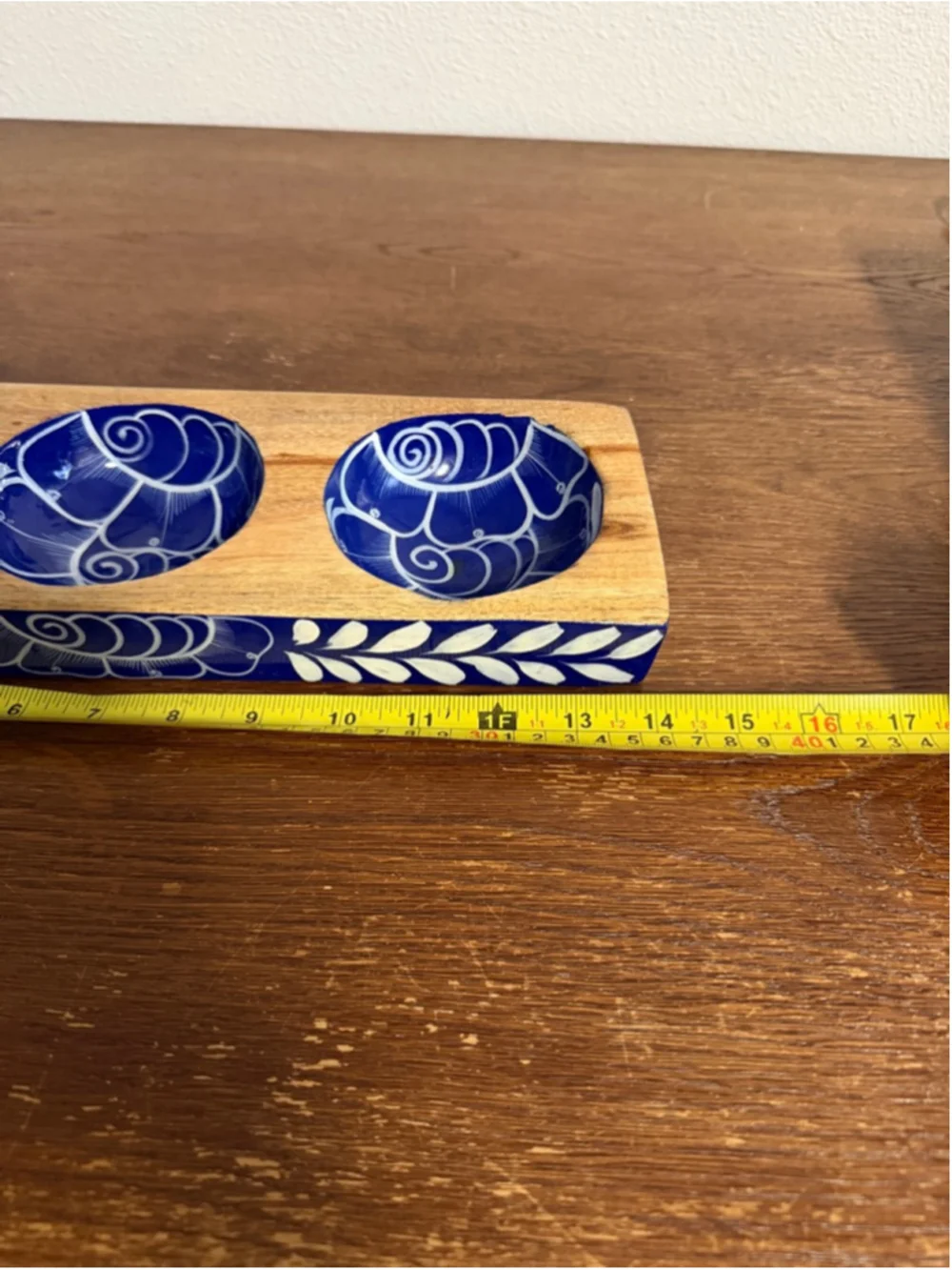 Hand Painted Wooden Triple Tealight Candle Holder Blue White Folk Art Rustic Dec